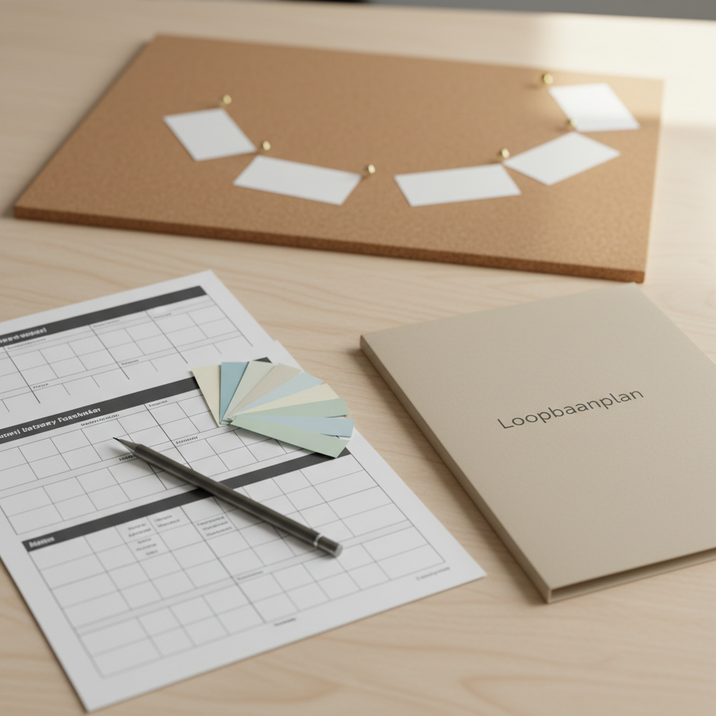 A neat arrangement of coaching tools laid out on a pale wooden table: printed worksheets with clean typography and structured grids, color-coded sticky notes in soft neutrals and muted blues, a slim graphite mechanical pencil, and a closed beige folder labeled “Loopbaanplan” in understated lettering. In the background, slightly out of focus, stands a simple cork board with minimal pinned cards forming a clear step-by-step path. Soft overcast daylight from above and the right side bathes the scene, creating gentle highlights on the paper textures. Shot from a slightly elevated angle with rule-of-thirds composition, the photograph feels methodical, supportive, and practical, emphasizing clarity and structure.