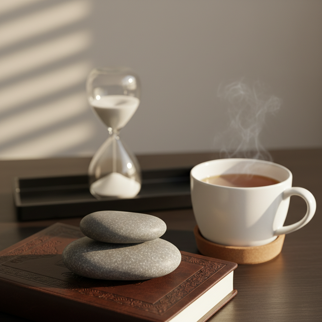 A serene still life symbolizing stress and burn-out coaching: a stack of three smooth grey stones balanced carefully on a closed, dark-embossed journal, next to a simple white ceramic cup filled with herbal tea. Behind them, an hourglass with slowly falling sand stands on a narrow black tray. The background is a softly blurred neutral wall with faint vertical shadows suggesting window blinds. Warm, diffused late-afternoon light from the right creates subtle reflections on the stones and a gentle glow on the cup’s rim. Captured in photographic realism at a low, intimate angle with shallow depth of field, the composition feels calm, grounded, and hopeful, hinting at recovery and restored balance.