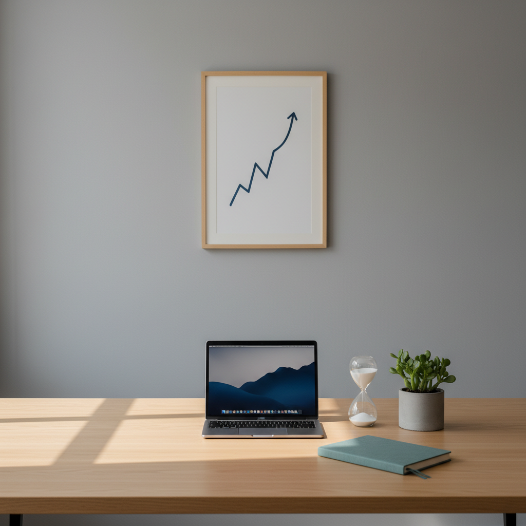 A meticulously organized coaching workspace without any people, featuring a large light-oak desk with a matte finish and a closed notebook in muted teal beside a slim, silver laptop. A sand-filled glass hourglass and a small concrete planter with a green plant add subtle accents. The scene is set against a soft grey wall with a single minimalist framed print suggesting growth through an abstract upward line. Natural daylight from an unseen window on the left creates gentle, diffused illumination, casting soft shadows and a calm, balanced feel. Photographed at eye level with a clean, centered composition and shallow depth of field, the image embodies a professional, structured, and reassuring atmosphere in photographic realism.